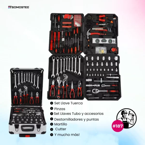 Juego de 187 herramientas con estuche rodante, perfecto para el hogar o el taller