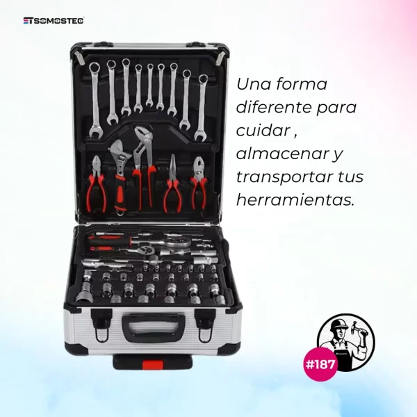 Juego de herramientas con llaves tubo, destornilladores y llaves Allen en estuche rodante