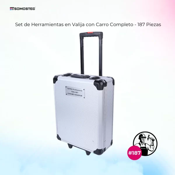Set de 187 herramientas organizadas en valija metálica con carro