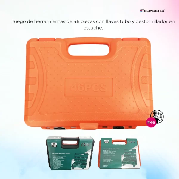 Vista superior del set de 46 piezas con llaves tubo, destornillador y accesorios
