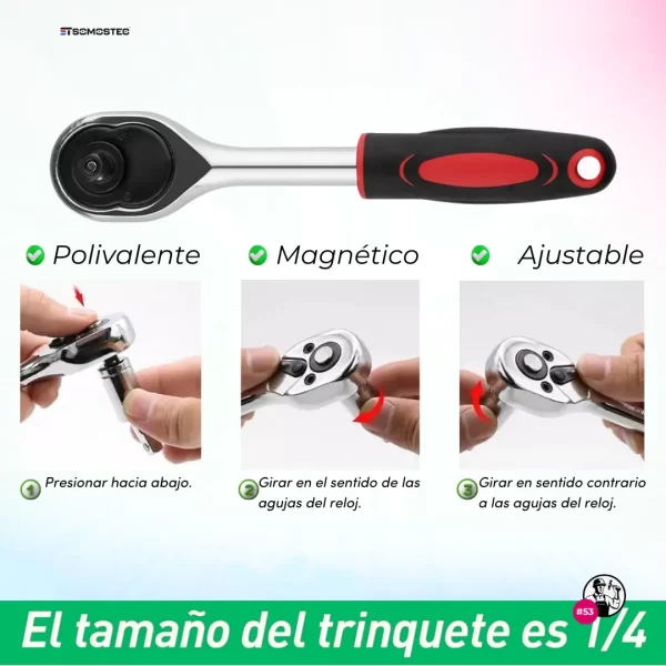 Set de 53 llaves tubo, destornillador, Allen y criquet en estuche