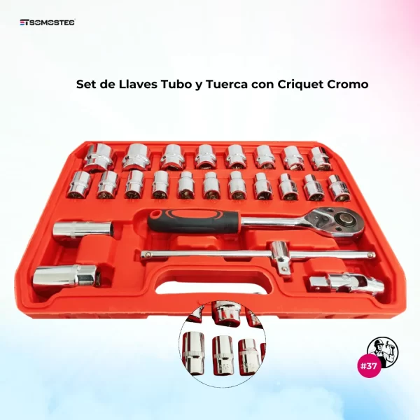 Set de Llaves Tubo y Tuerca con Criquet Cromo - 37 Piezas - Imagen 3