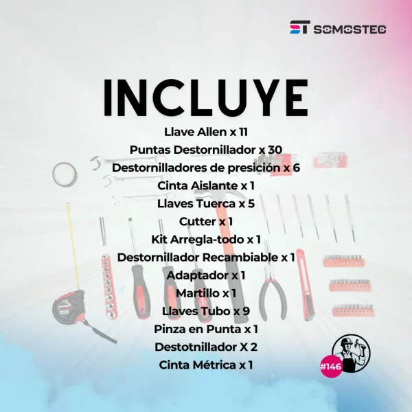 Herramientas esenciales para reparaciones en casa en una caja compacta.
