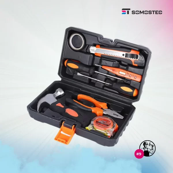 Kit compacto de herramientas esenciales para el hogar.