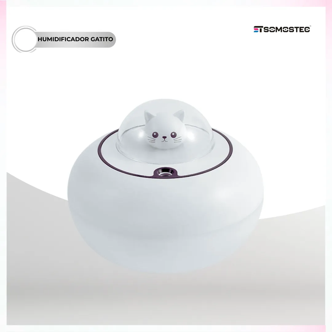 🐱 Humidificador Ultrasónico Nave Espacial Gatito – Sistema Directo Sin Filtro con Luz Nocturna LED RGB, Cable USB y Manual 🛸
