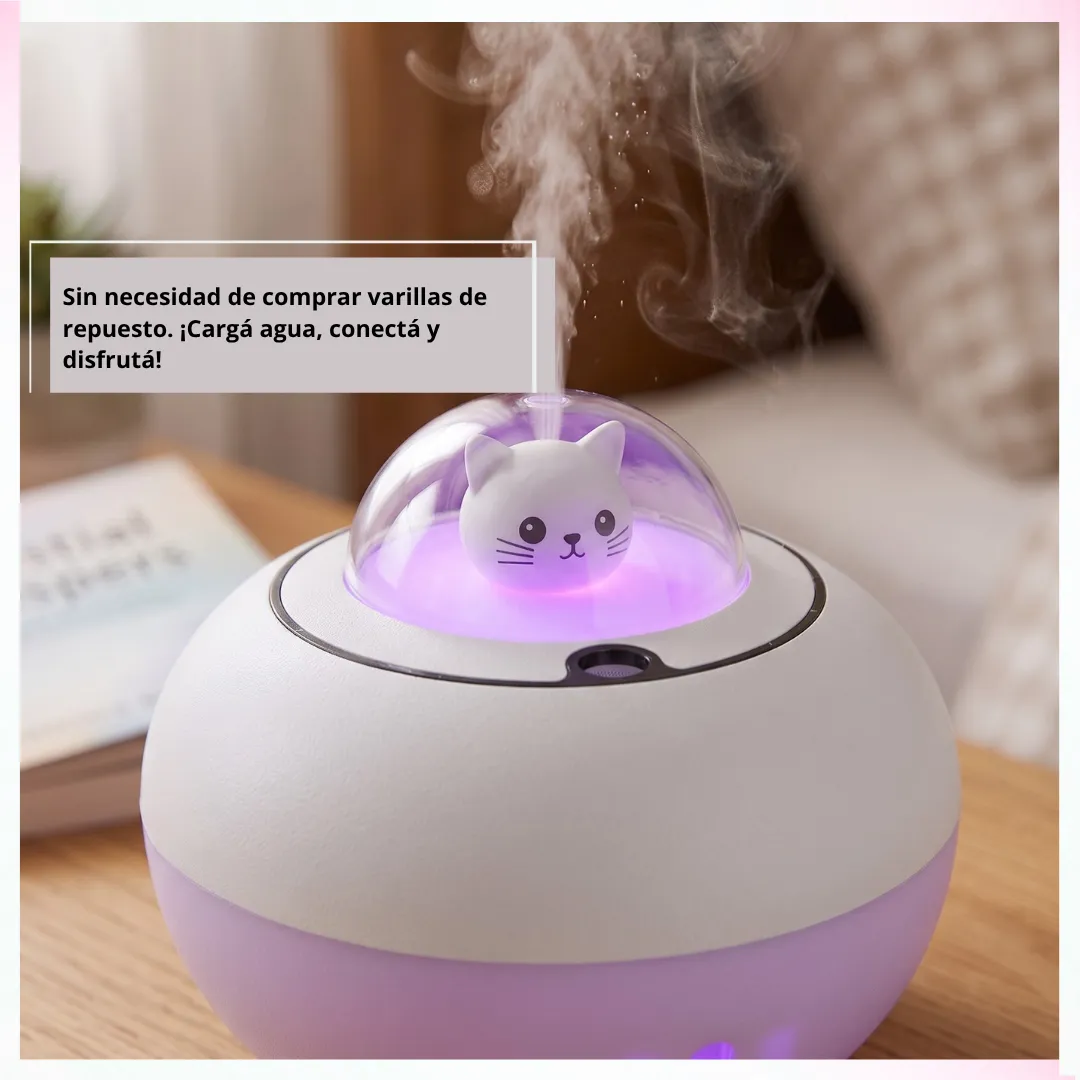 🐱 Humidificador Ultrasónico Nave Espacial Gatito – Sistema Directo Sin Filtro con Luz Nocturna LED RGB, Cable USB y Manual 🛸 - Imagen 2
