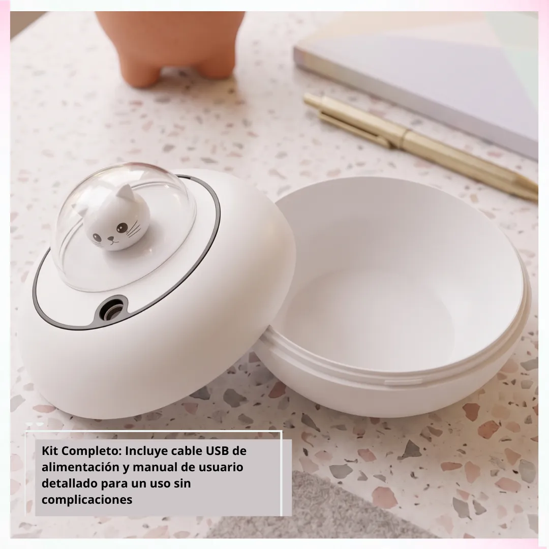 🐱 Humidificador Ultrasónico Nave Espacial Gatito – Sistema Directo Sin Filtro con Luz Nocturna LED RGB, Cable USB y Manual 🛸 - Imagen 4