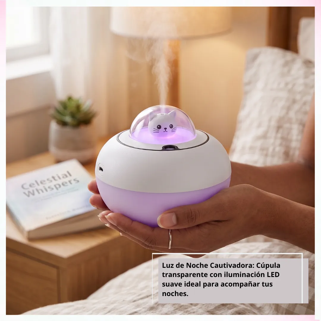 🐱 Humidificador Ultrasónico Nave Espacial Gatito – Sistema Directo Sin Filtro con Luz Nocturna LED RGB, Cable USB y Manual 🛸 - Imagen 3
