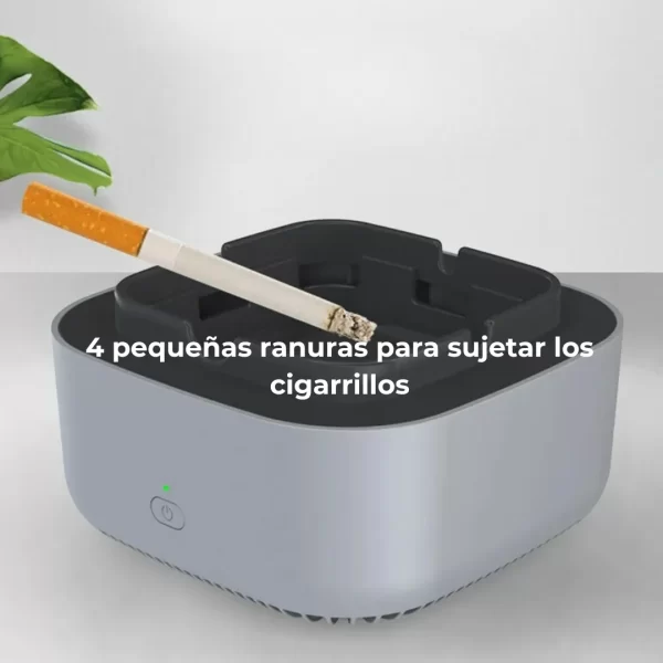 Vista frontal del Cenicero Electrónico Purificador de Aire XL ECO SMOG. Ranuras para cigarrillos y botón táctil LED.