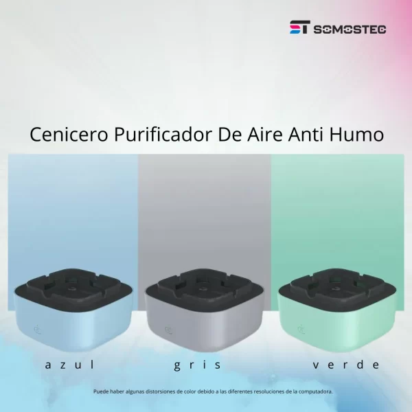 Cenicero Electrónico Purificador de Aire XL ECO SMOG en tres colores: gris, azul y verde. Elimina humo y olores con tecnología avanzada.